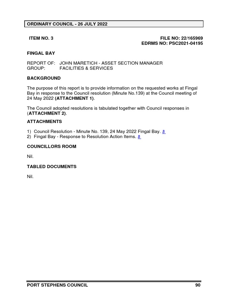 Port Stephens Council Response To Fingal Bay Community Concerns