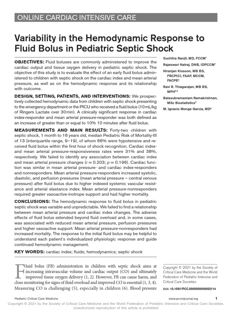 Variability in The Hemodynamic Response To Fluid Bolus in Pediatric ...