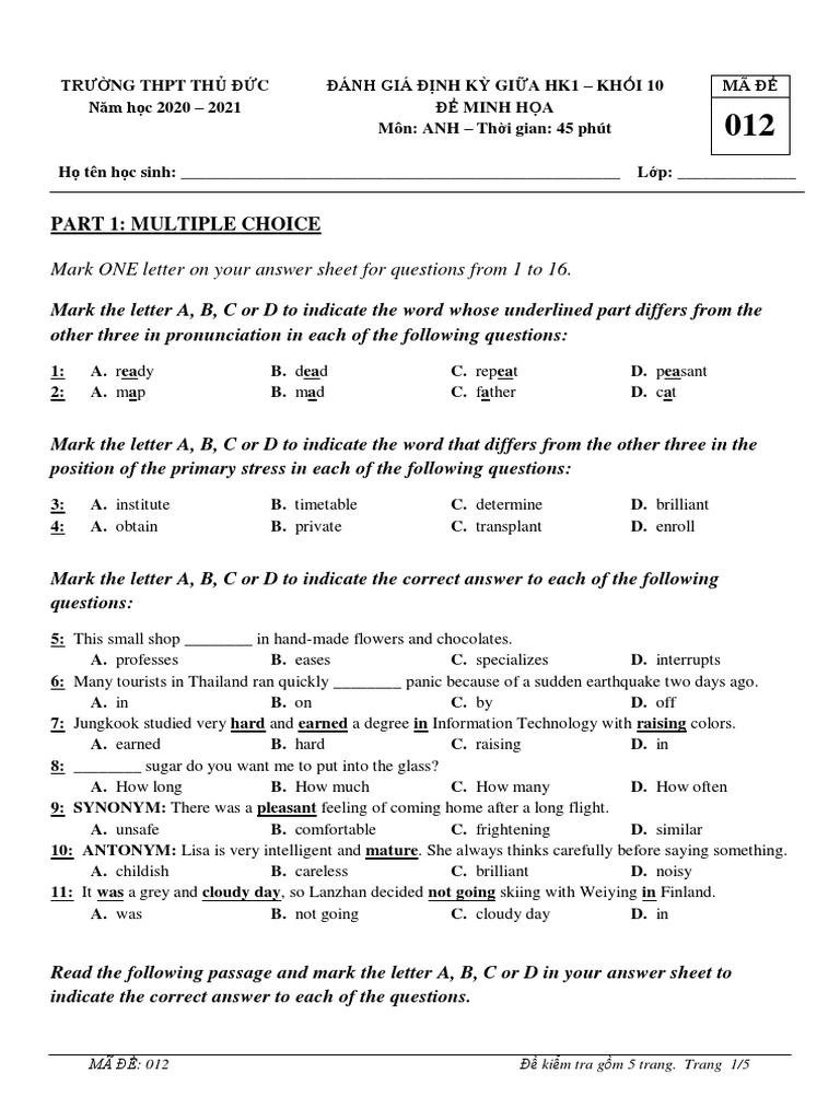 10th Grade English Test Paper 012 | PDF