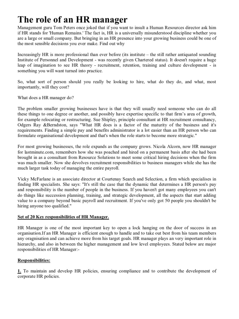 HR Manager Roles and Responsibilities | PDF | Human Resource Management ...