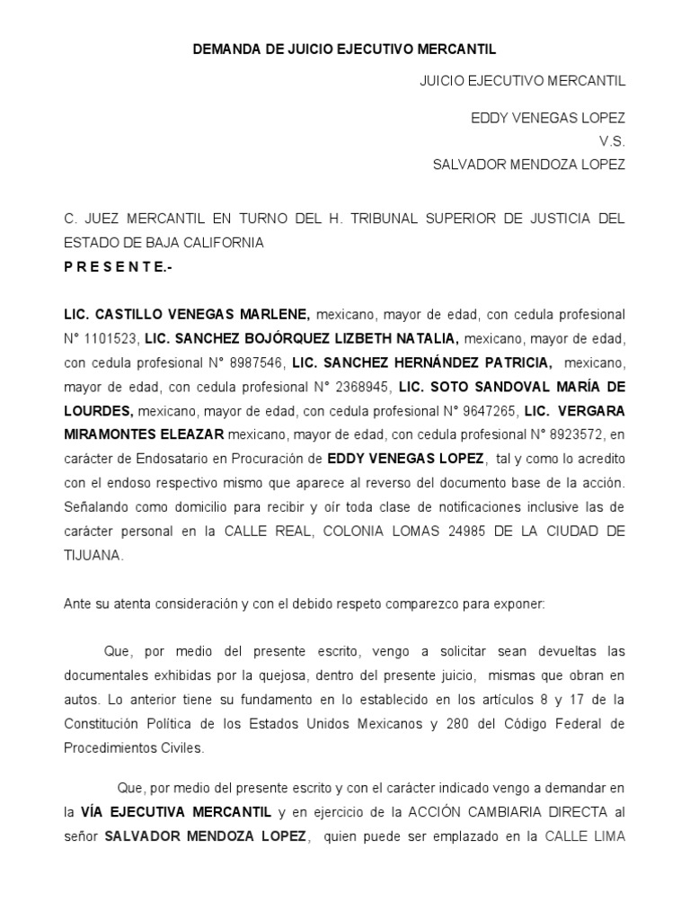 Demanda JUICIO EJECUTIVO MERCANTIL LISTA | PDF | México | Justicia