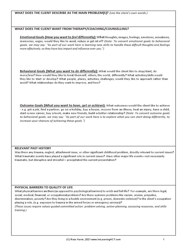 ACT Case Formulation Worksheet PDF Psychological Trauma Cognitive
