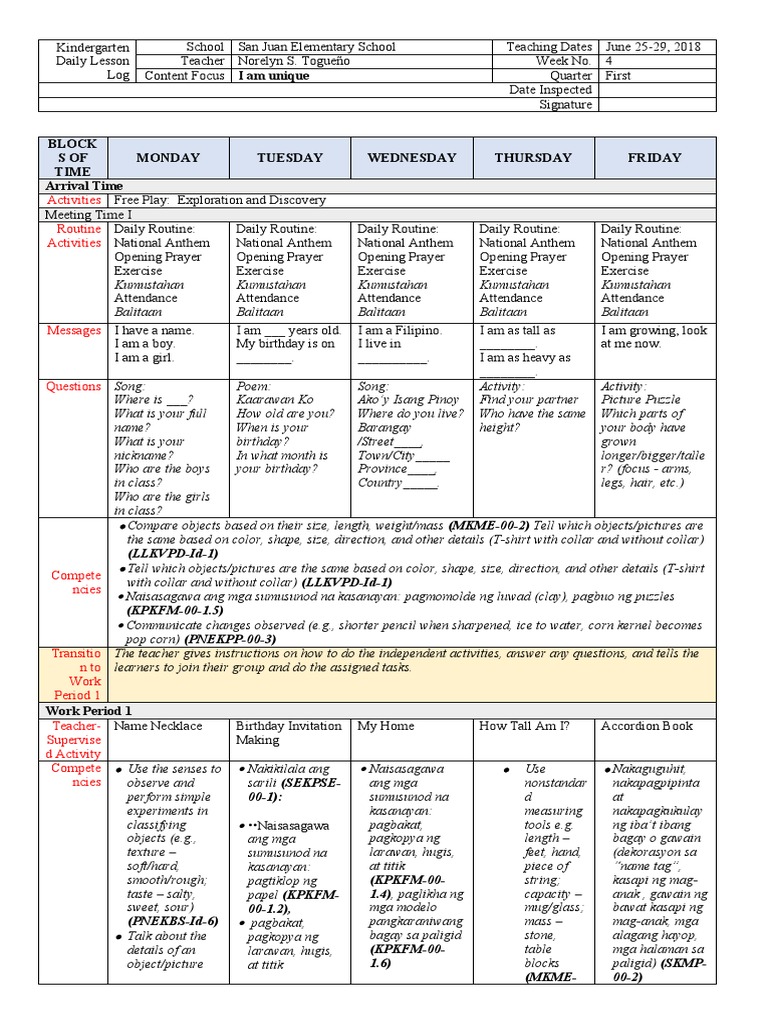 Kindergarten DLL Week 4 | PDF | Taste | Learning