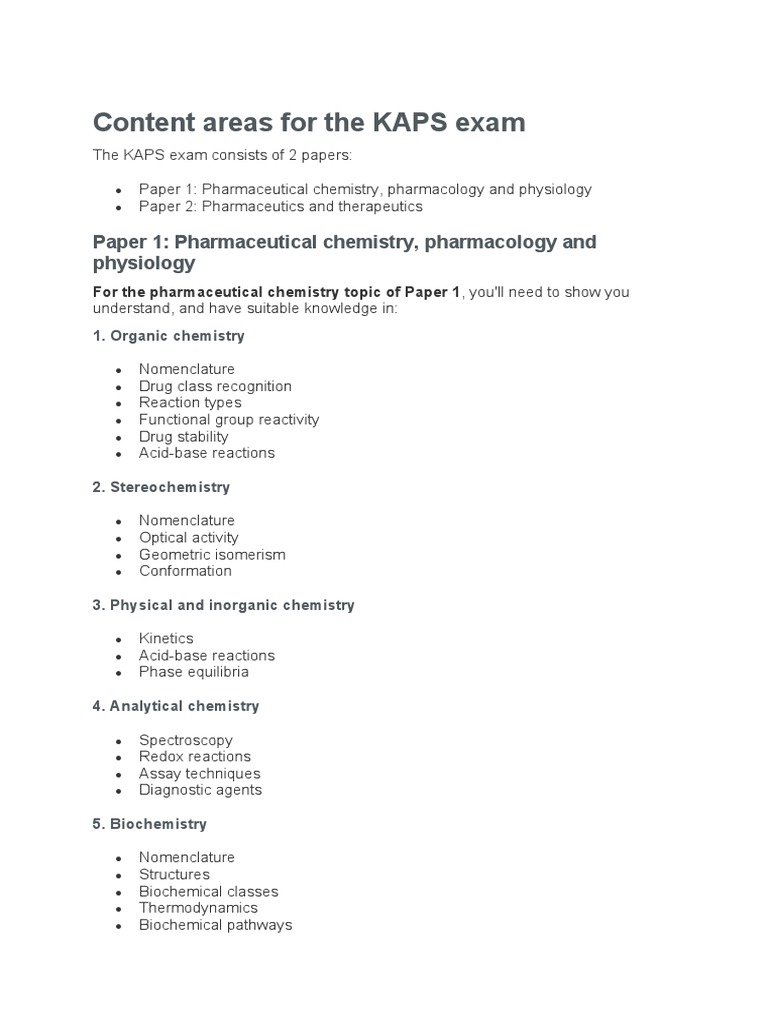 Content areas for the KAPS exam PDF Pharmacology Chemistry