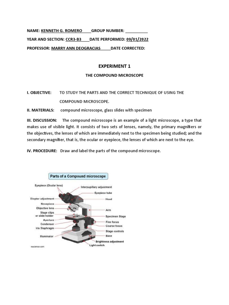 Proper Use and Care of the Compound Microscope An Experiment Report on