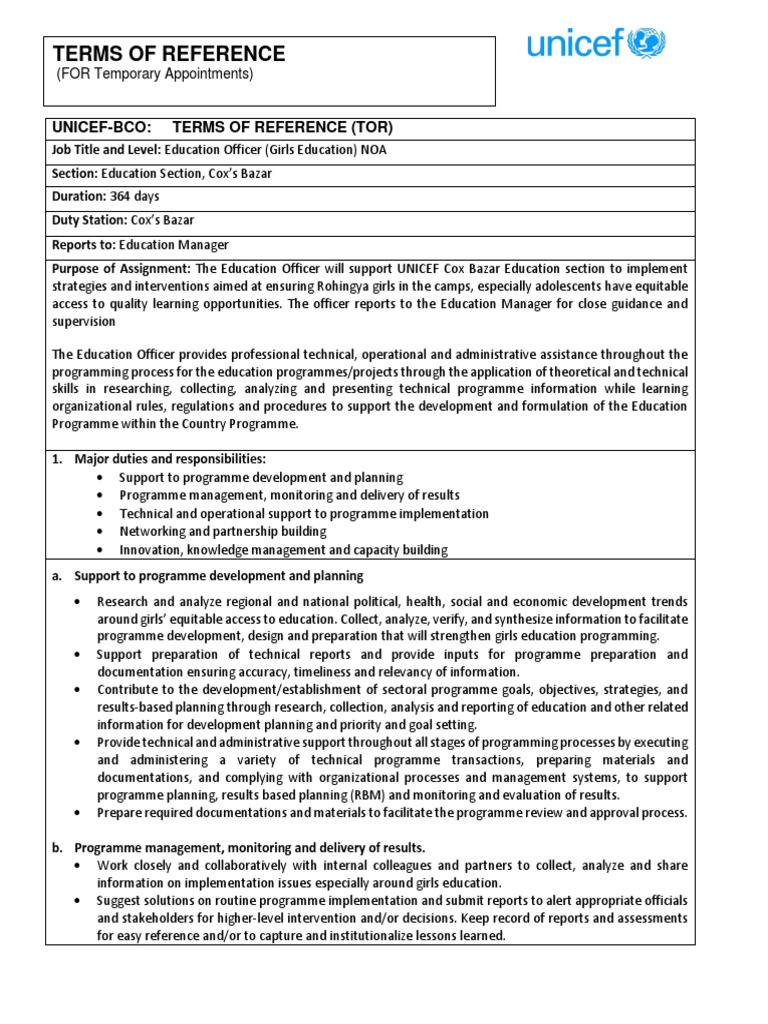 Education Officer TOR for Girls Education | PDF | Capacity Building ...