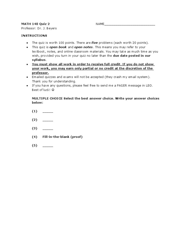 MATH 140 Quiz 2 Instructions and Problems | PDF | Tangent | Slope