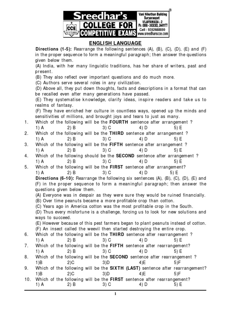 Sentence Rearrangement Practice Test | PDF