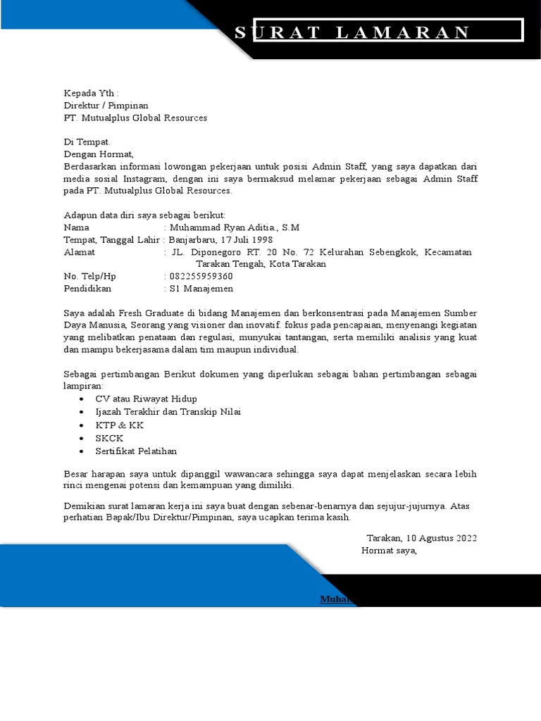 Surat Lamaran Kerja PT. Mutualplus Global Resources | PDF