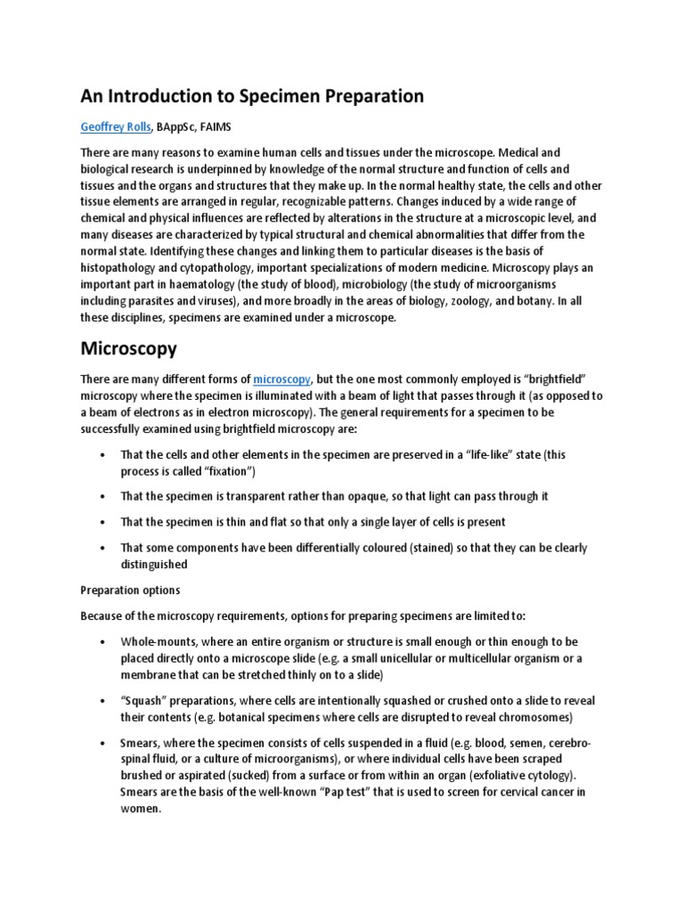 Specimen Preparation for Microscopy | PDF | Histopathology | Biopsy