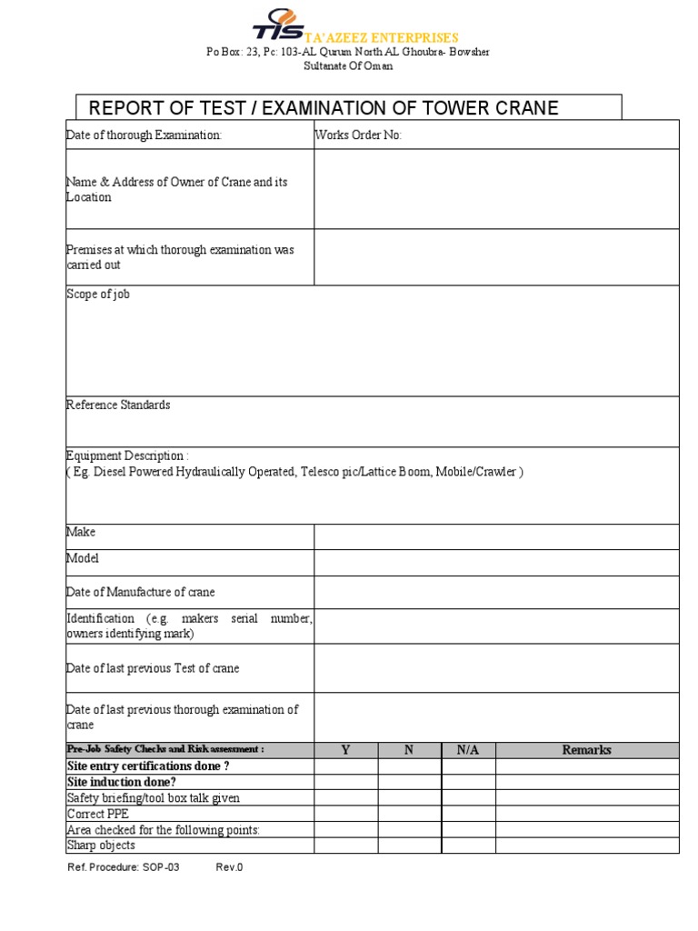 Tower Crane Inspection Report | PDF | Crane (Machine) | Manufactured Goods