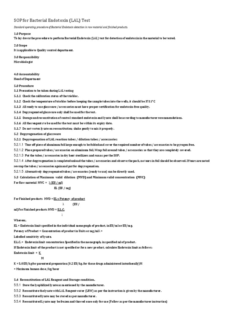SOP For Bacterial Endotoxin (LAL) Test PDF Chemistry Physical