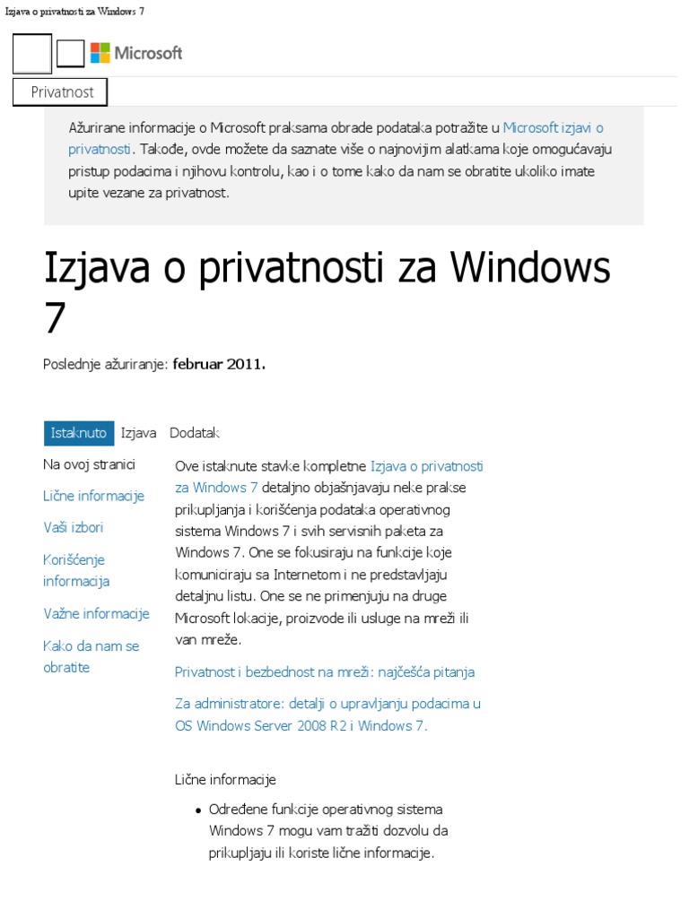 Windows 7 Privacy Statement Sr-Latn RS | PDF