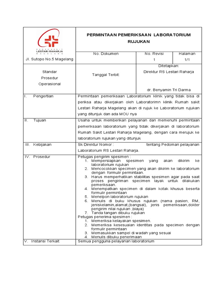 Prosedur Rujukan Laboratorium RS Lestari | PDF