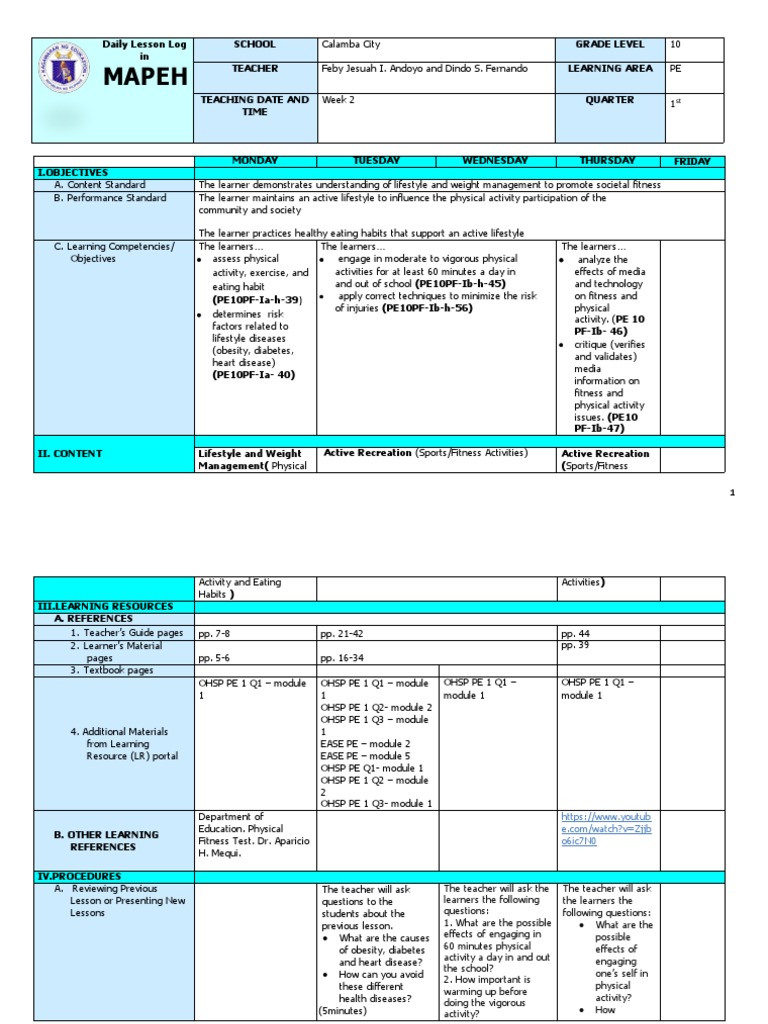 MAPEH Grade 10 Daily Lesson Log | PDF | Physical Education | Physical ...