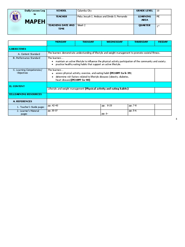 MAPEH Grade 10 Daily Lesson Log | PDF | Teachers | Learning