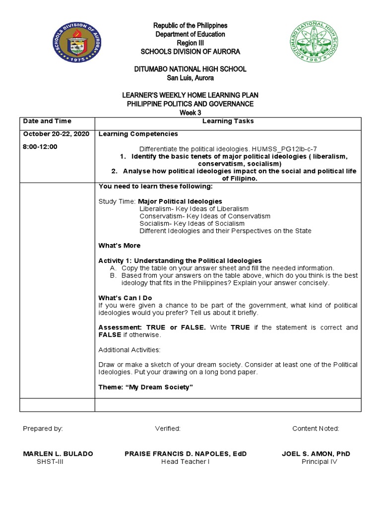 Weekly Home Learning Plan Q1 Week 3 Pdf Ideologies Learning
