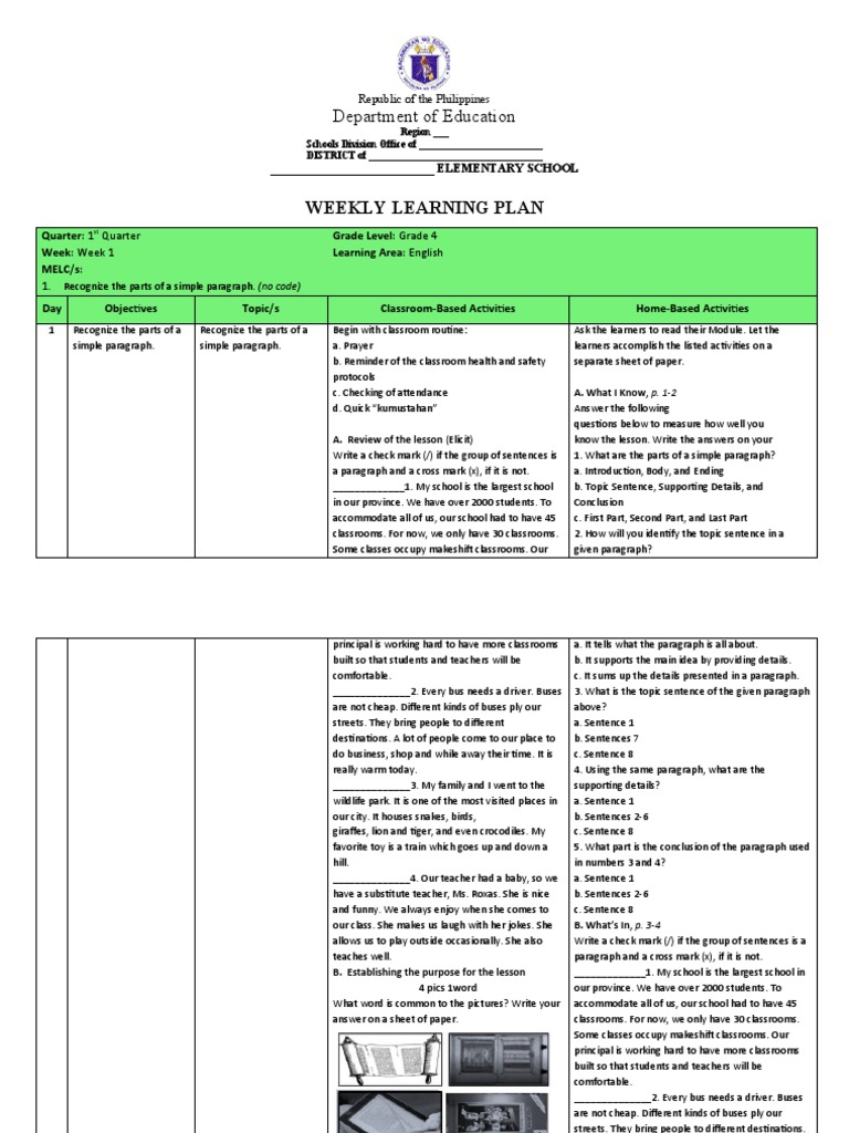 Grade 4 English Weekly Learning Plan | PDF | Language Arts & Discipline