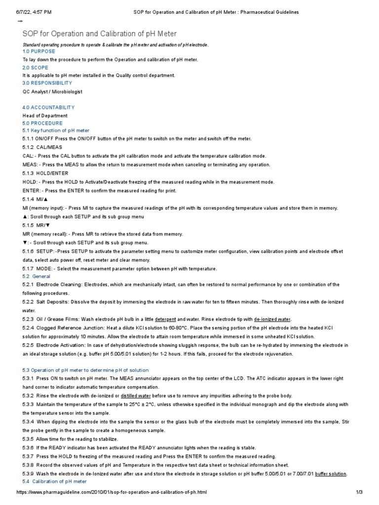 SOP For Operation and Calibration of PH Meter Pharmaceutical
