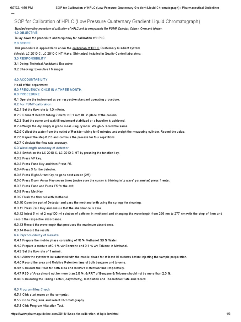 SOP For Calibration of HPLC (Low Pressure Quaternary Gradient Liquid Chromatograph