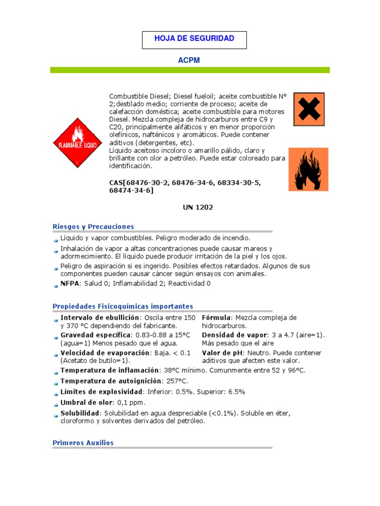 Hoja de Seguridad del ACPM 2024 | PDF | Agua | Solubilidad