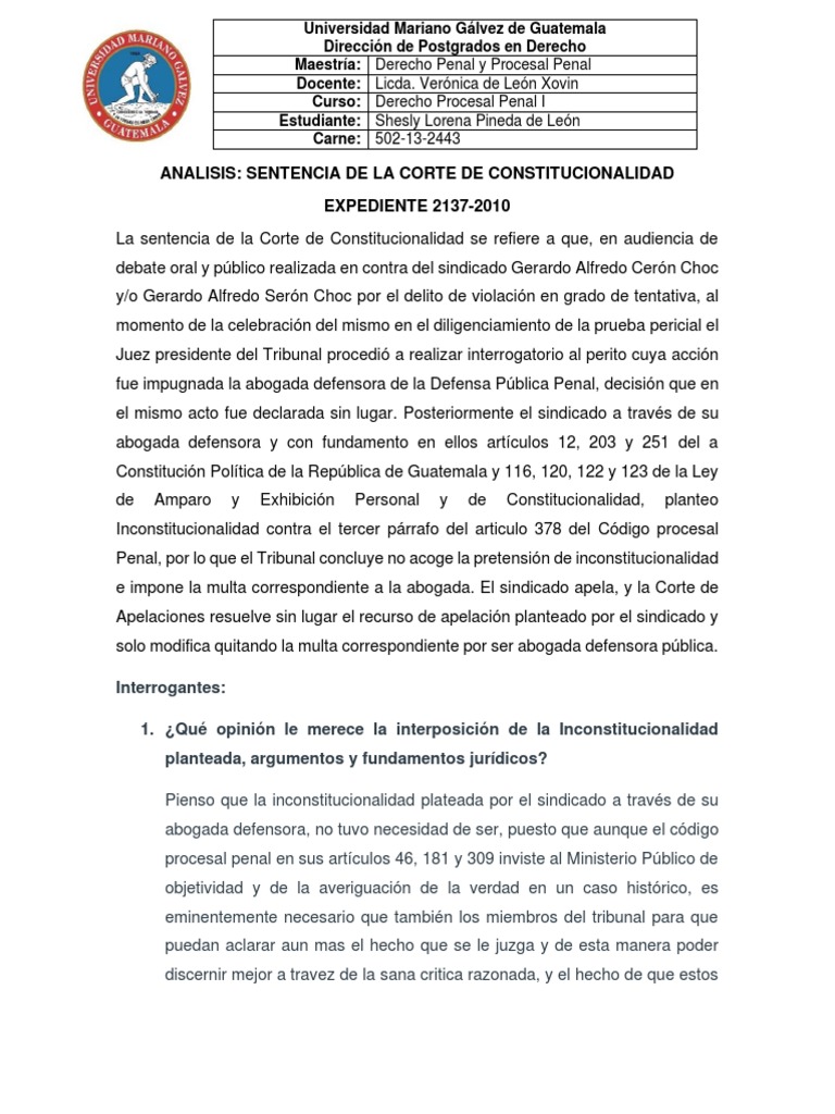 Analisis Sentencia Corte de Constitucionalidad Expediente 2137-2010