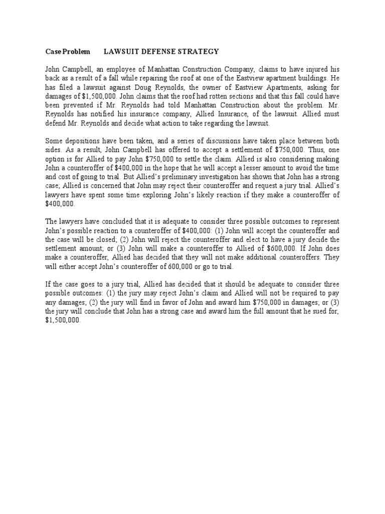 Lawsuit Defense Strategy Analysis Report | PDF | Lawsuit | Offer And ...