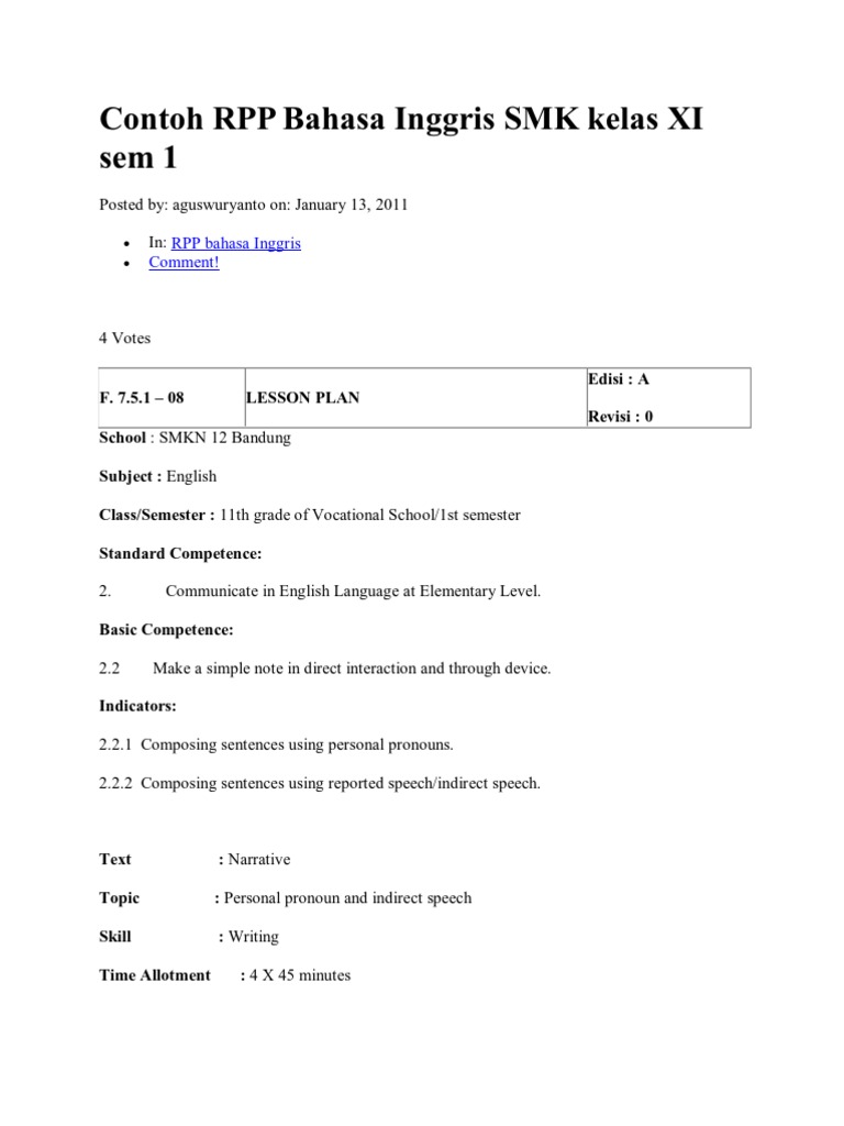 Contoh RPP Bahasa Inggris SMK Kelas XI Sem | PDF | Language Arts ...