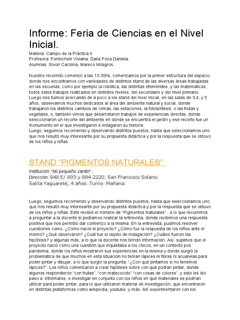 Informe - Feria de Ciencias en El Nivel Inicial | PDF