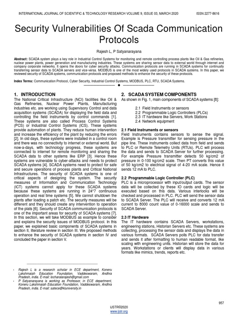Security Vulnerabilities of Scada Communication Protocols PDF Scada