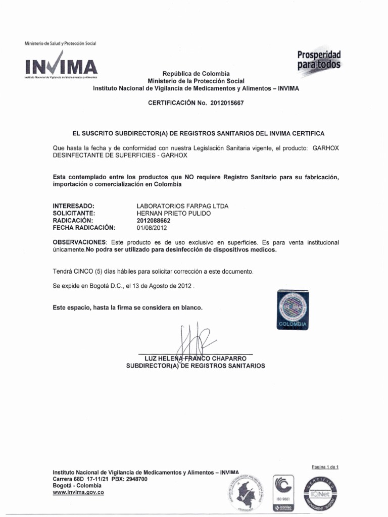 Certificación INVIMA para Garhox | PDF