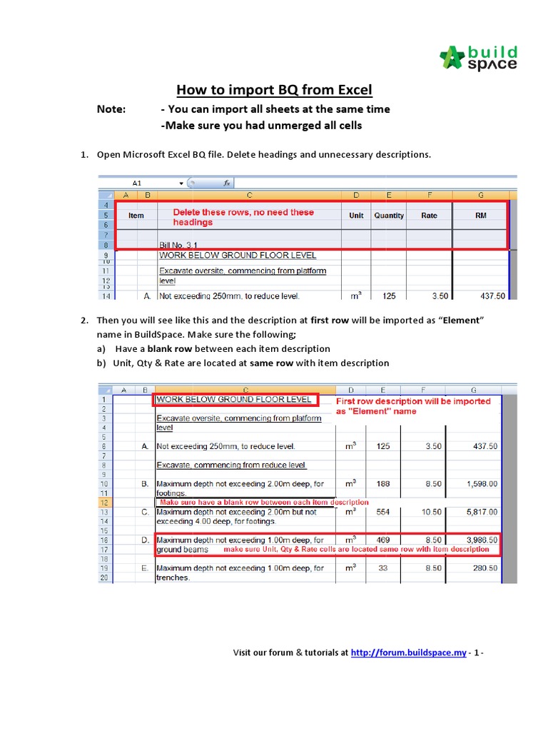 Importing BQ from Excel to BuildSpace | PDF