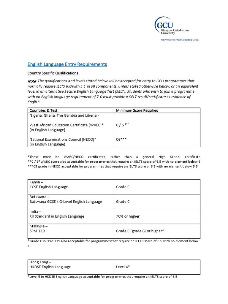 GCU English Language Requirements | PDF | Qualifications | Educational ...