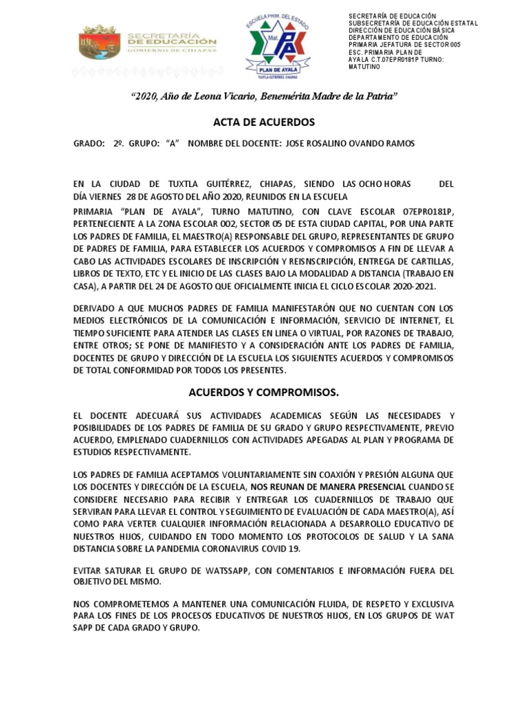 Acta de Acuerdos Padres de Familia Reuniones Presenciales | PDF ...