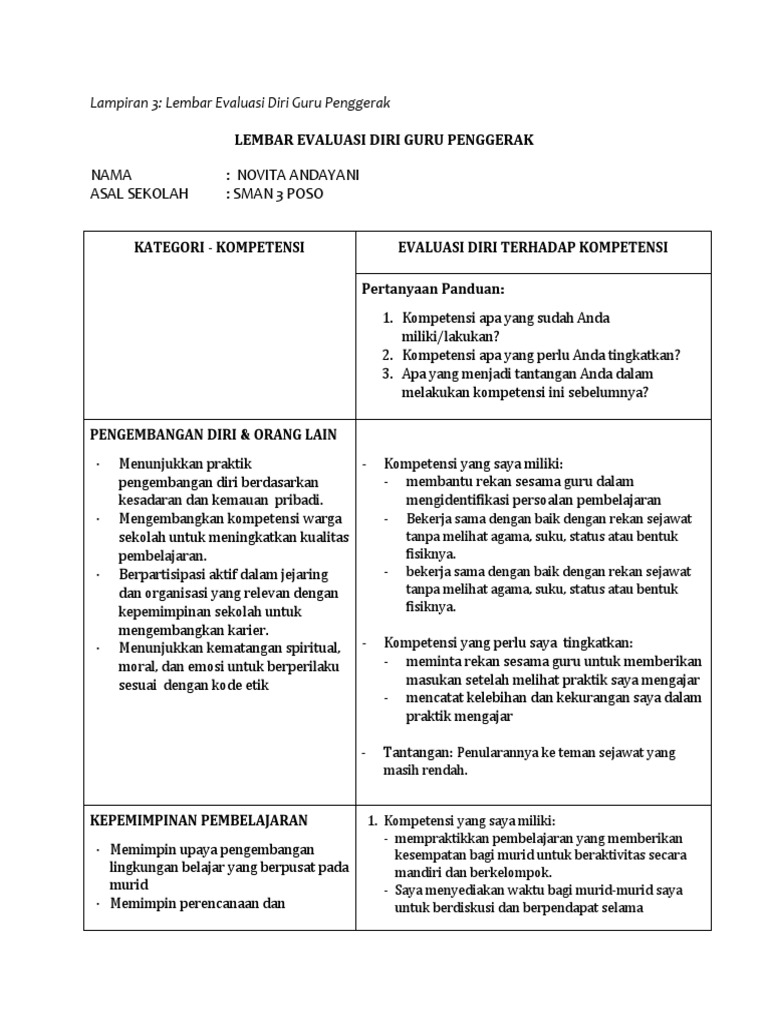 Lembar Evaluasi Diri Guru Penggerak | PDF | Karier & Perkembangan