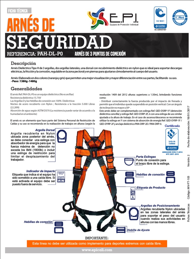 Ficha tecnica de arnes de seguridad 3 puntos de conexi n ansi z359