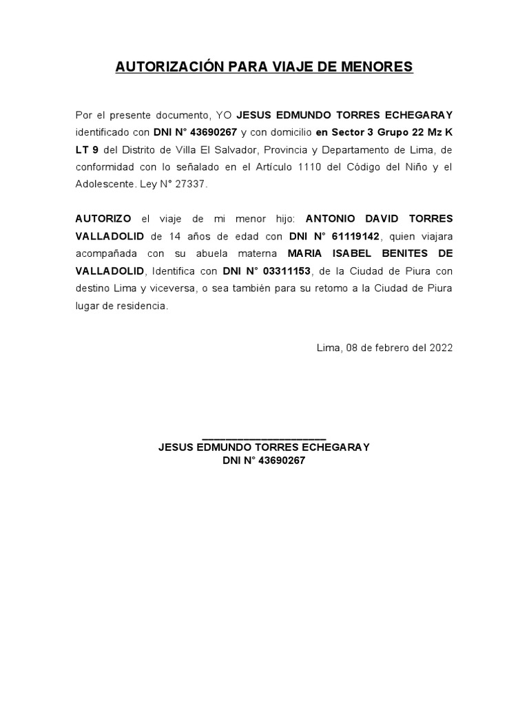 Autorización de Viaje para Menores | PDF
