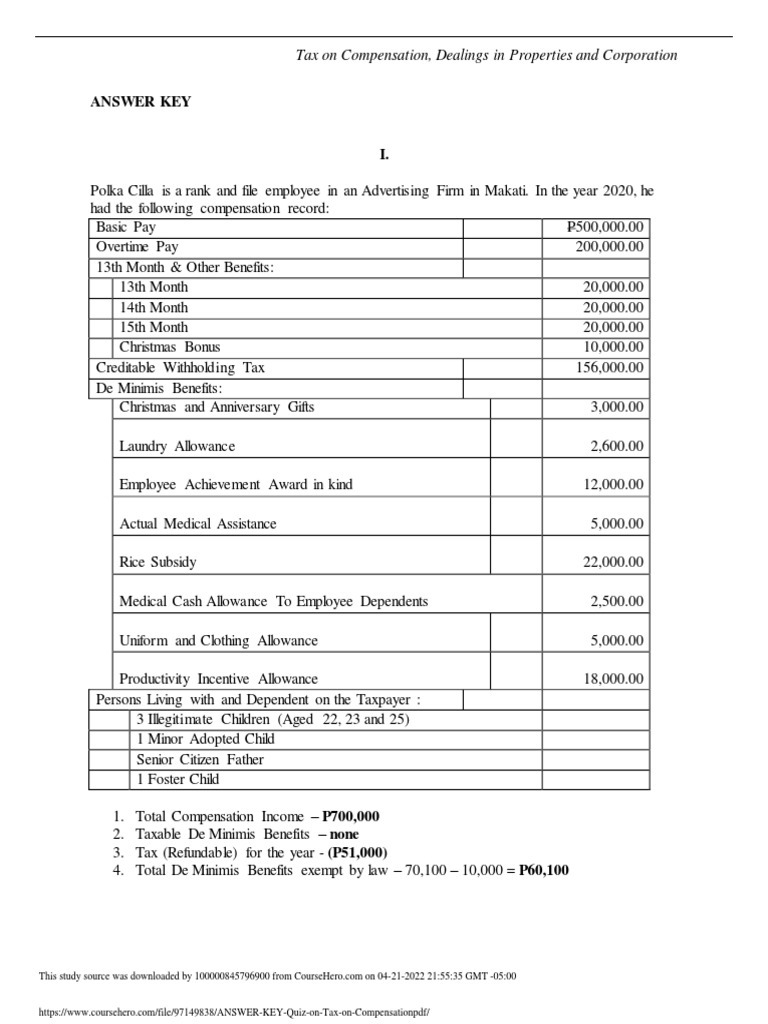 ANSWER KEY Quiz On Tax On Compensation PDF PDF Income Taxes