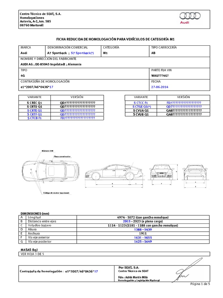 S7 Sportback Ficha Reducida de Homologación para Vehículos de