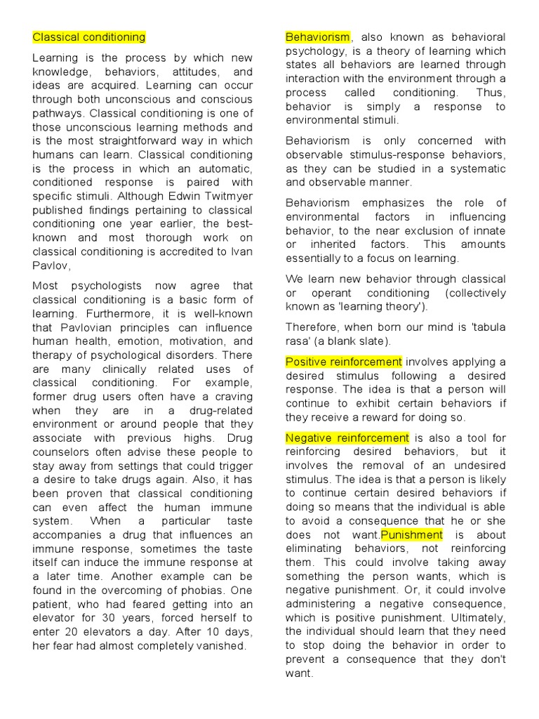Classical Conditioning Pdf Classical Conditioning Curriculum