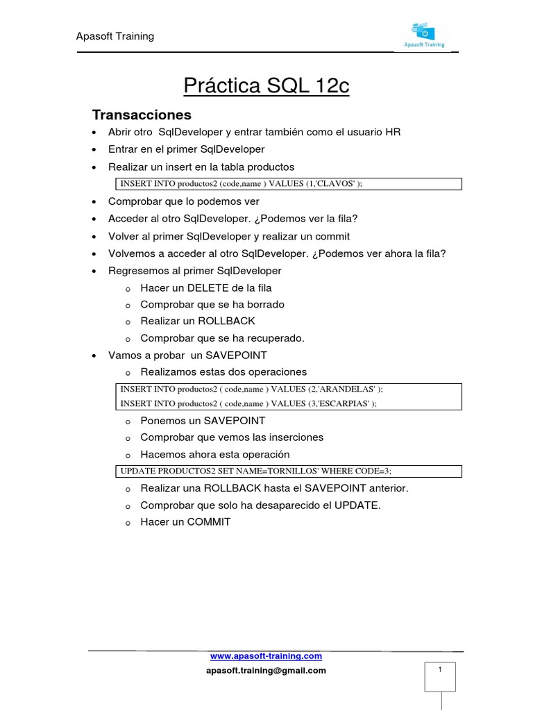 Práctica de Transacciones SQL 12c | PDF | SQL | Tecnologías de la ...