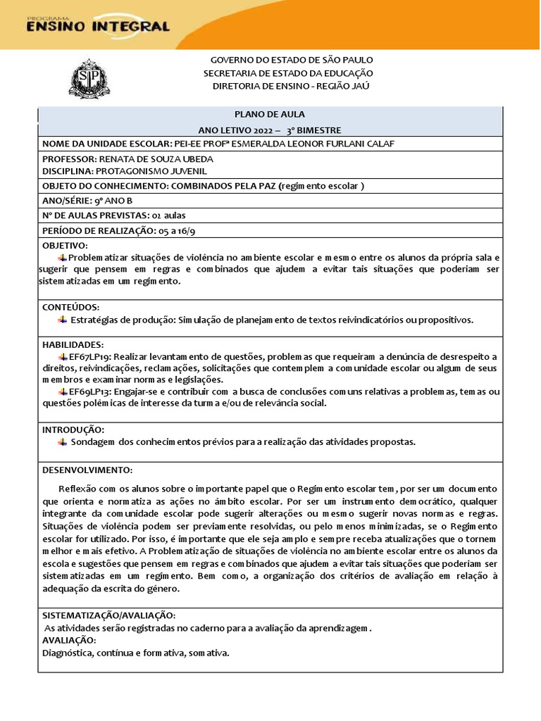 Plano de Aula PJ 9ºb - 05 A 16.09 | PDF | Carreira e Crescimento | Bem ...
