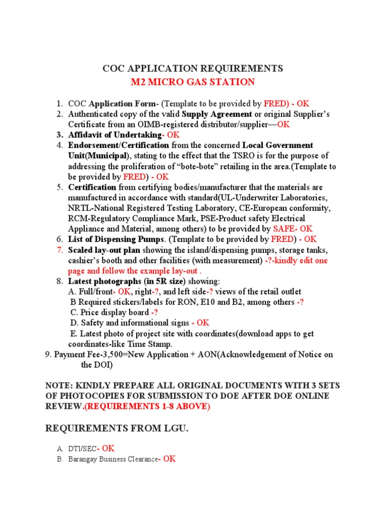 Micro Gas Station COC Application Guide | PDF