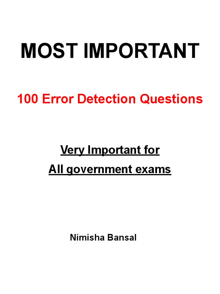 Most Important 100 Error Detection Questions PDF Verb Grammatical Number
