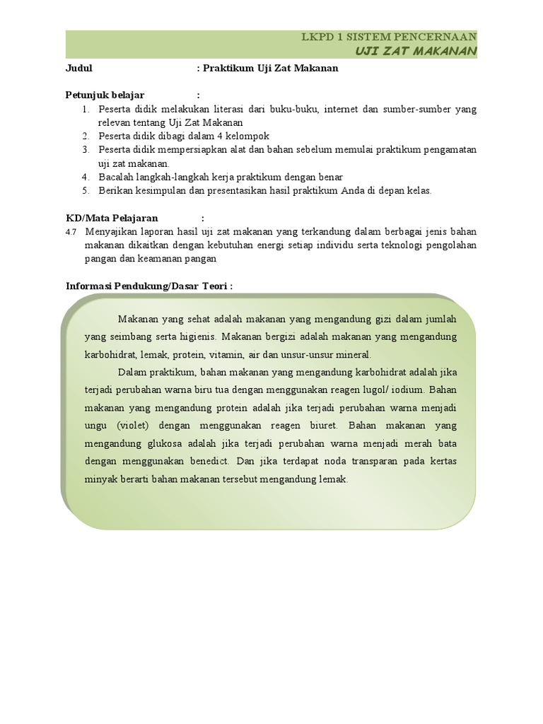 Lkpd Pertemuan 1 Uji Zat Makanan Pdf