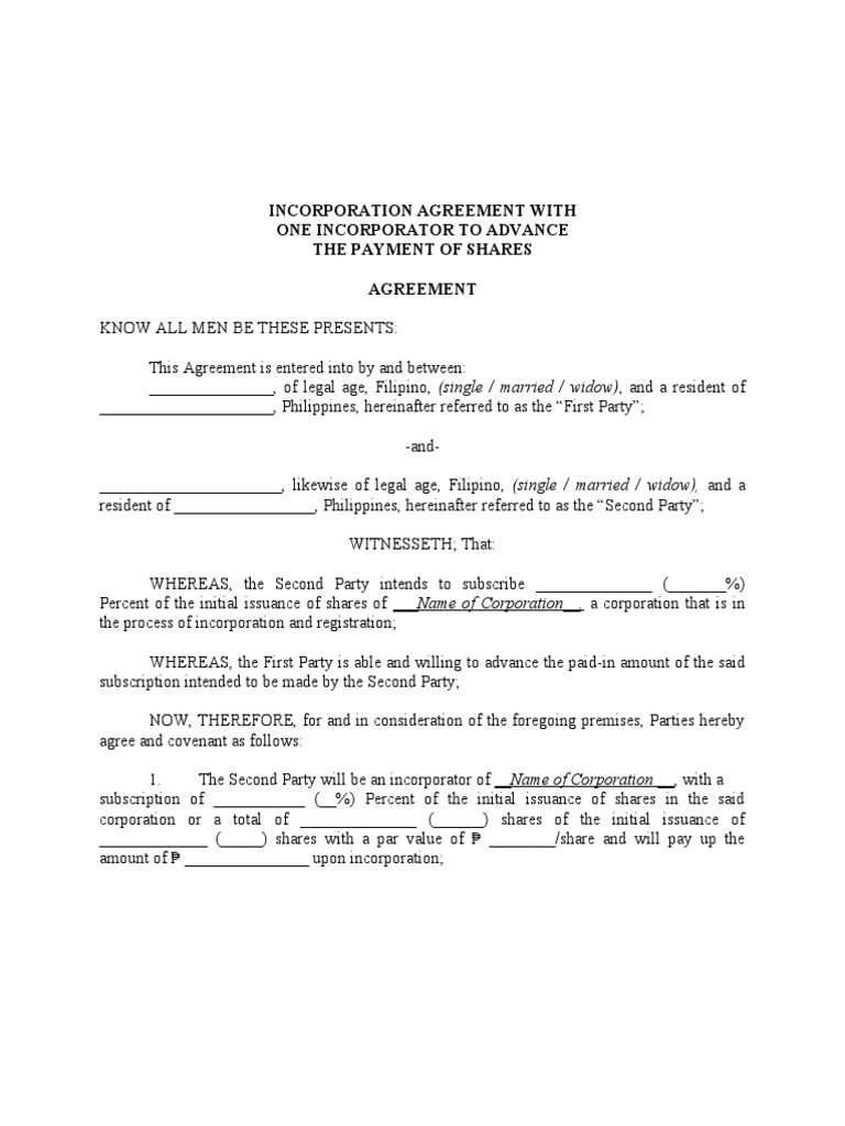 incorporation-agreement-with-one-incorporator-to-advance-the-payment-of