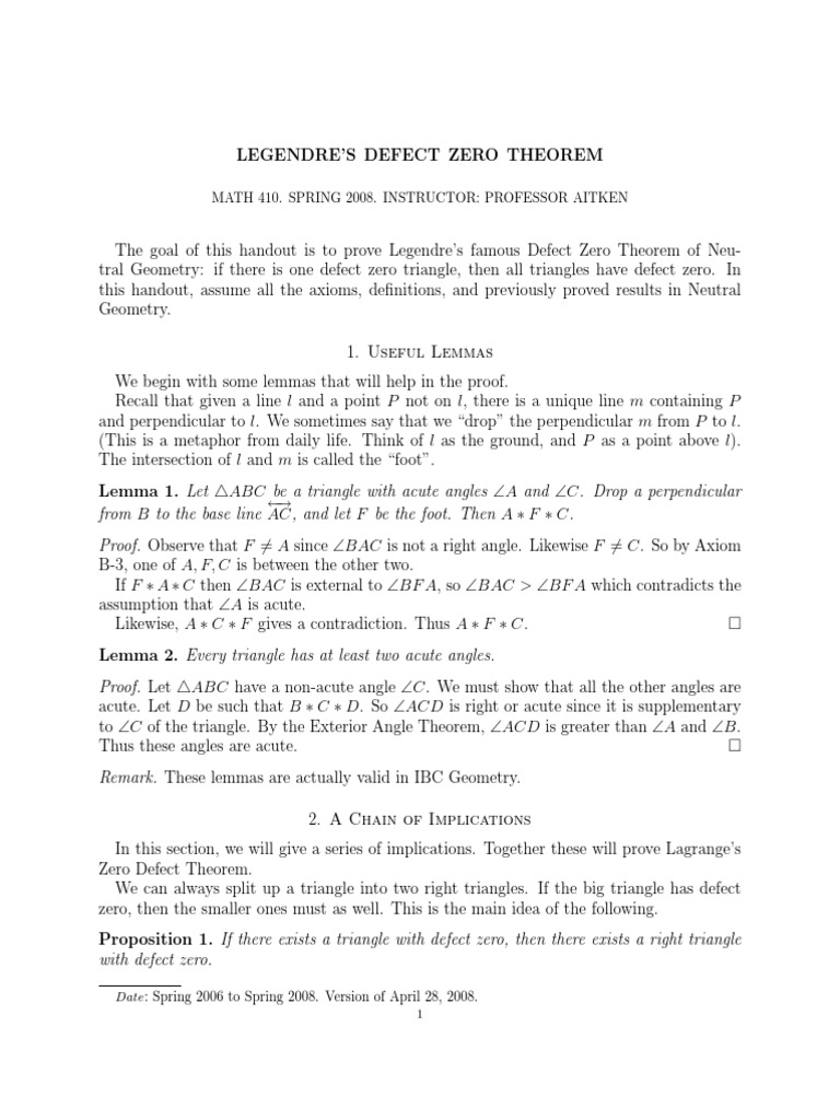 Legendre's Defect Zero Theorem Explained | PDF | Theorem | Triangle