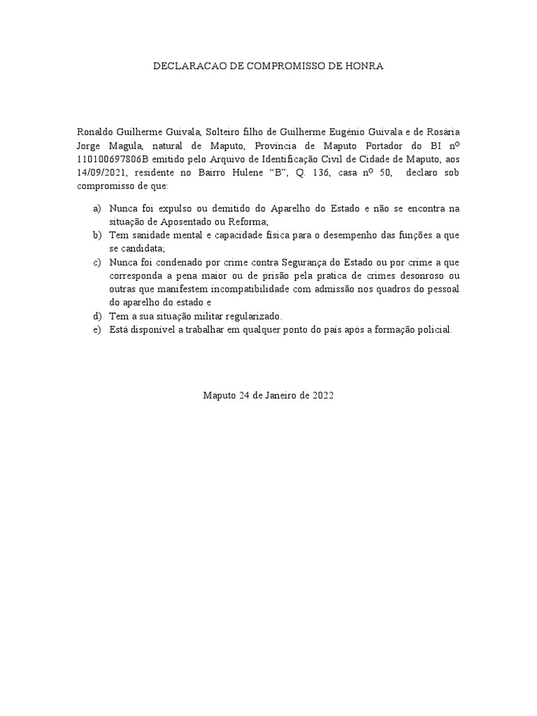 Declaracao De Honra Modelo
