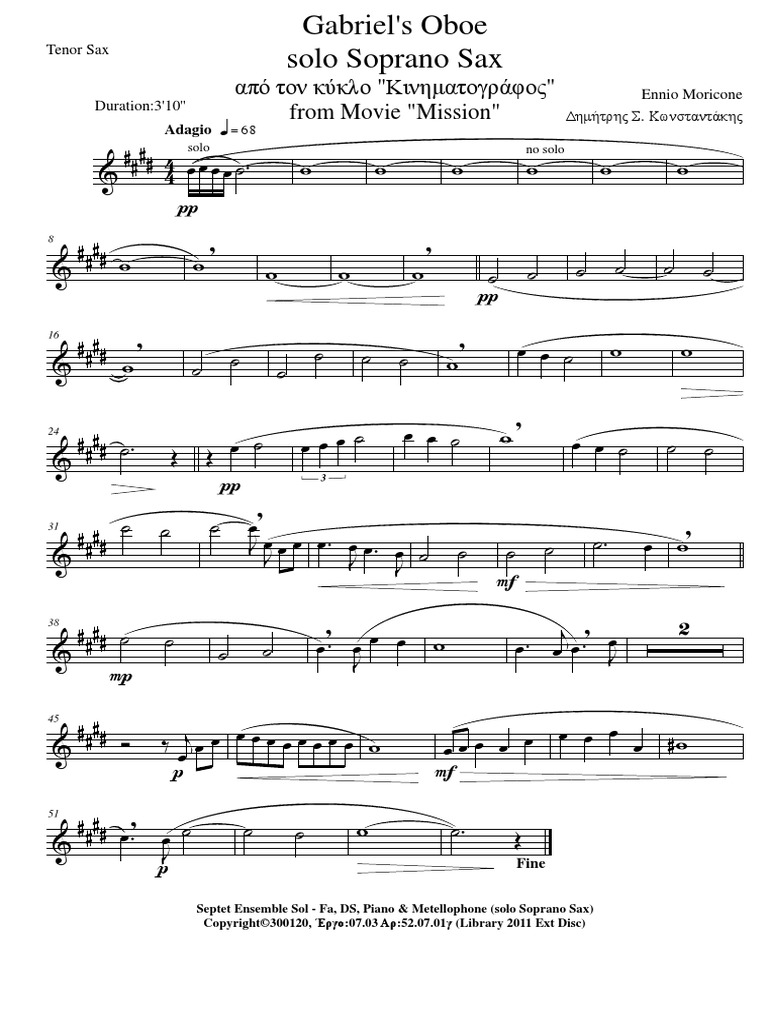 Gabriel's Oboe - Solo Sopano Sax - Tenor Sax | PDF