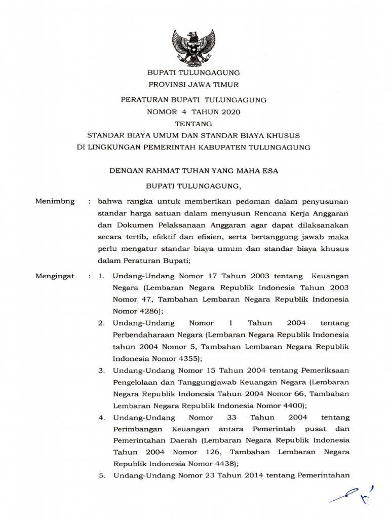 Perbup Nomor 4 Tahun 2020 Tentang Standar Biaya Umum Dan Standar Biaya